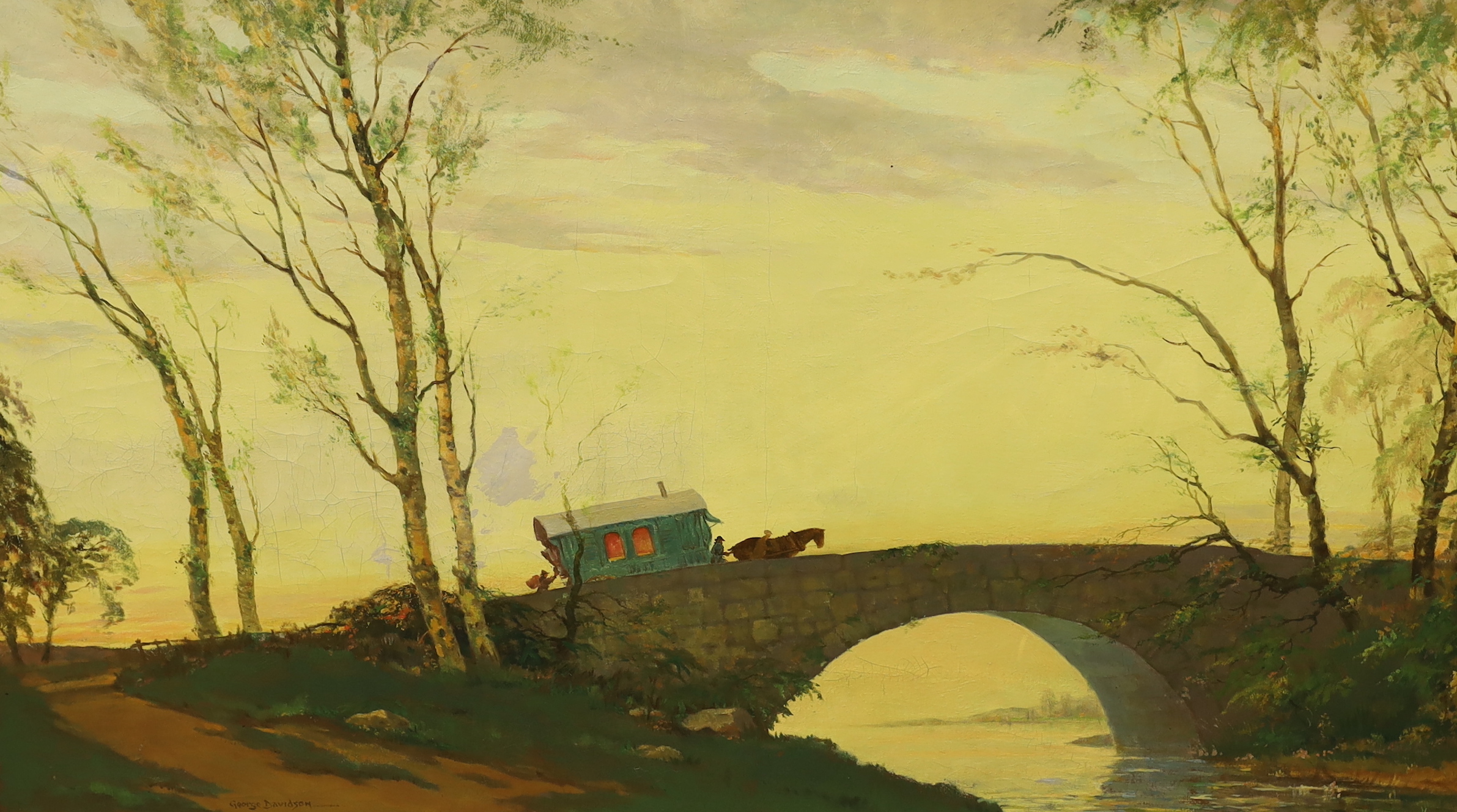 George Davidson (Polish/American, 1889-1965) naive oil on canvas, Gypsy wagon and figures crossing a bridge, signed, 74 x 124cm